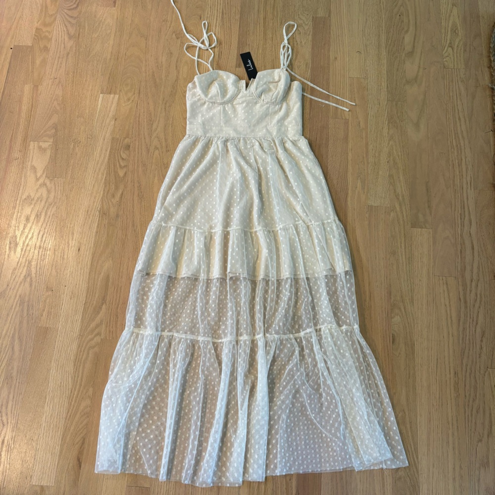 New Lulu’s Romantic Spot Cream Polka Dot Mesh Tiered Midi Dress - Picture 3 of 6